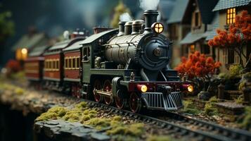 miniatura locomotiva treno impostato nel un' nevoso Natale vacanza ambientazione. generativo ai. foto