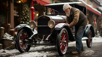 proprietario Lavorando su il suo classico Vintage ▾ auto parcheggiata nel davanti di il Natale decorato negozio su il strada. generativo ai. foto