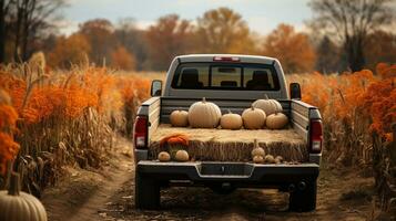 camion letto pieno con autunno a tema decorazioni e cuscini - generativo ai. foto