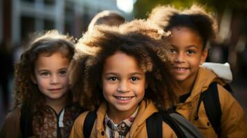 contento e eccitato multietnico giovane bambini studenti a piedi su il città universitaria di loro scuola - generativo ai. foto