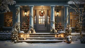 bellissimo Natale decorato davanti porta e veranda di un' Casa su un' inverno sera. generativo ai. foto