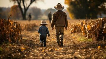 contadino padre e giovane figlio a piedi in mezzo il colture nel il autunno - generativo ai. foto