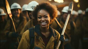 femmina africano americano i vigili del fuoco Lavorando nel il campo - generativo ai. foto