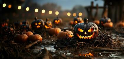 spaventoso e divertimento collezione di dozzine di Halloween lavorato zucche al di fuori su doni vigilia - generativo ai. foto