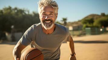 maturo uomo giocando pallacanestro con entusiasmo foto