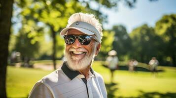 anziano uomo colpire un' golf palla su un' soleggiato giorno foto