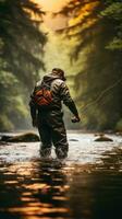 più vecchio uomo attraente un' pesce mentre volare pesca nel un' fiume foto