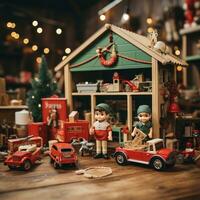 Babbo Natale officina. rosso e verde giocattoli, regali, e elfi. foto