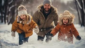 amorevole famiglia giocando nel il neve e fabbricazione ricordi foto