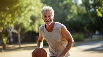 maturo uomo giocando pallacanestro con entusiasmo foto