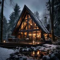 accogliente cabina circondato di inverno foresta foto