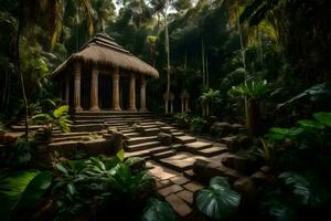 un' tempio nel il giungla con passaggi principale per esso. ai-generato foto