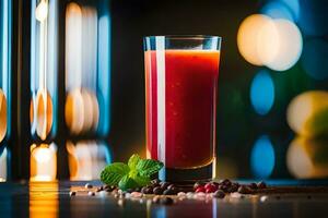 un' bicchiere di rosso succo con un' menta foglia su il tavolo. ai-generato foto