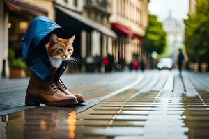 un' gatto seduta nel un' pioggia cappotto su un' strada. ai-generato foto