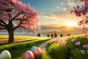 Pasqua uova nel un' campo con rosa fiori e alberi. ai-generato foto