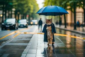 un' gatto nel un' cappotto e ombrello a piedi giù un' strada. ai-generato foto