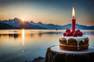 un' torta con un' candela su superiore di esso è seduta su un' ceppo. ai-generato foto