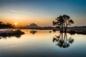 un' albero è riflessa nel il acqua a Alba. ai-generato foto