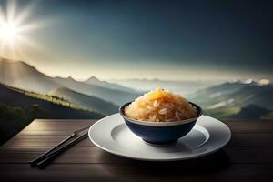 un' ciotola di riso e bastoncini su un' tavolo nel davanti di montagne. ai-generato foto