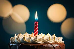 un' cioccolato torta con un' singolo candela su superiore. ai-generato foto