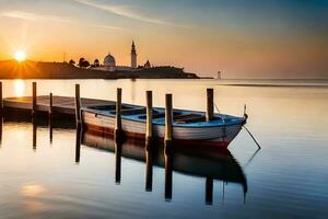 un' barca si siede su il bacino a tramonto. ai-generato foto