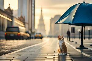 un' gatto seduta sotto un ombrello nel il città. ai-generato foto