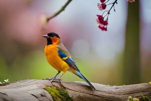 un' colorato uccello è seduta su un' ramo. ai-generato foto
