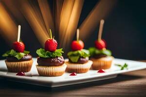 mini cupcakes con fragole e cioccolato. ai-generato foto