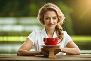 un' donna è seduta a un' tavolo con un' tazza di caffè. ai-generato foto