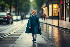 un' gatto indossare un' blu cappotto e un' maschera su il strada. ai-generato foto