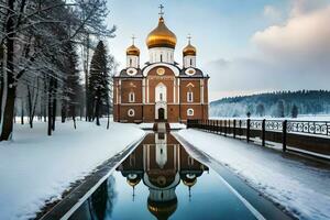 un' Chiesa nel il neve con un' riflettendo piscina. ai-generato foto