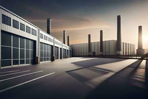 industriale fabbrica con grande finestre e un' sole ambientazione. ai-generato foto