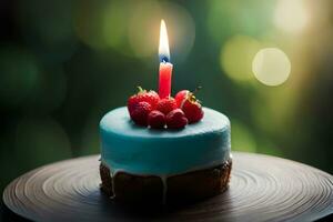 un' blu compleanno torta con un' singolo candela. ai-generato foto