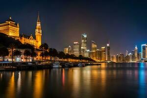 il città orizzonte a notte nel shanghai. ai-generato foto