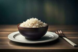 riso ciotola con forchetta e cucchiaio su di legno tavolo. ai-generato foto
