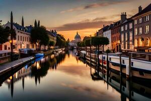 un' canale nel il mezzo di un' città a tramonto. ai-generato foto