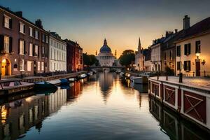 un' canale con Barche e edifici a tramonto. ai-generato foto