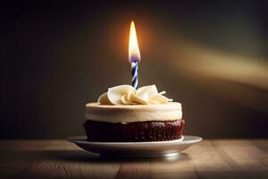 un' singolo candela è illuminato su superiore di un' cupcake. ai-generato foto