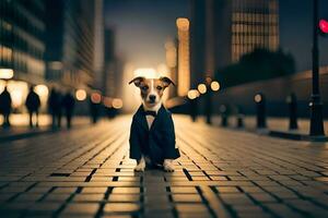 un' cane nel un' completo da uomo in piedi su un' strada a notte. ai-generato foto