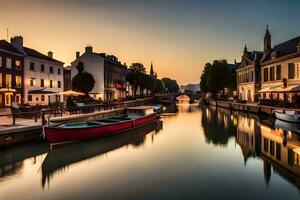 un' canale nel il mezzo di un' città a tramonto. ai-generato foto