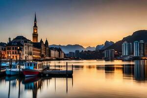 un' Visualizza di il città di Bergen a tramonto. ai-generato foto