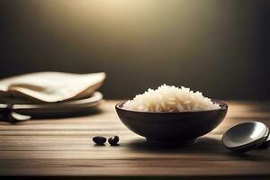 riso nel ciotola su di legno tavolo con leggero sfondo. ai-generato foto