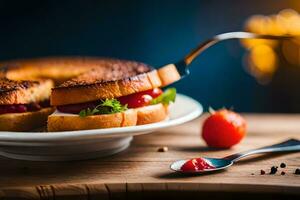 un' Sandwich con pomodoro e formaggio su un' piatto. ai-generato foto