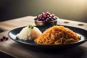 un' piatto con spaghetti e riso su un' di legno tavolo. ai-generato foto