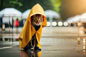 un' gatto nel un' giallo impermeabile in piedi nel il pioggia. ai-generato foto