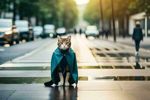 un' gatto indossare un' impermeabile su un' città strada. ai-generato foto