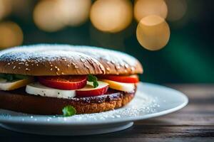 un' Sandwich con formaggio, pomodori e lattuga su un' piatto. ai-generato foto