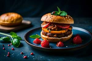 un' Hamburger con verdure e frutti di bosco su un' piatto. ai-generato foto