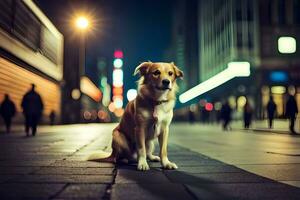 un' cane seduta su il marciapiede a notte. ai-generato foto