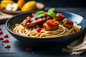 spaghetti con carne e verdure nel un' ciotola su un' buio tavolo. ai-generato foto